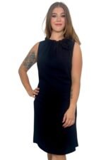 a woman in a black dress